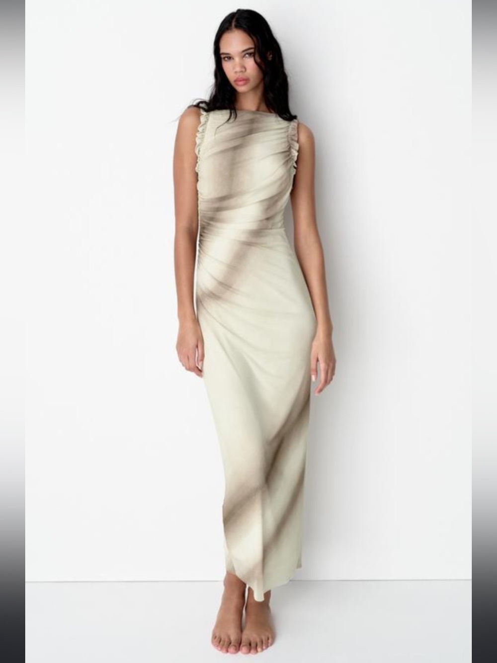 Zara Draped Printed Mesh Maxi Dress Size S